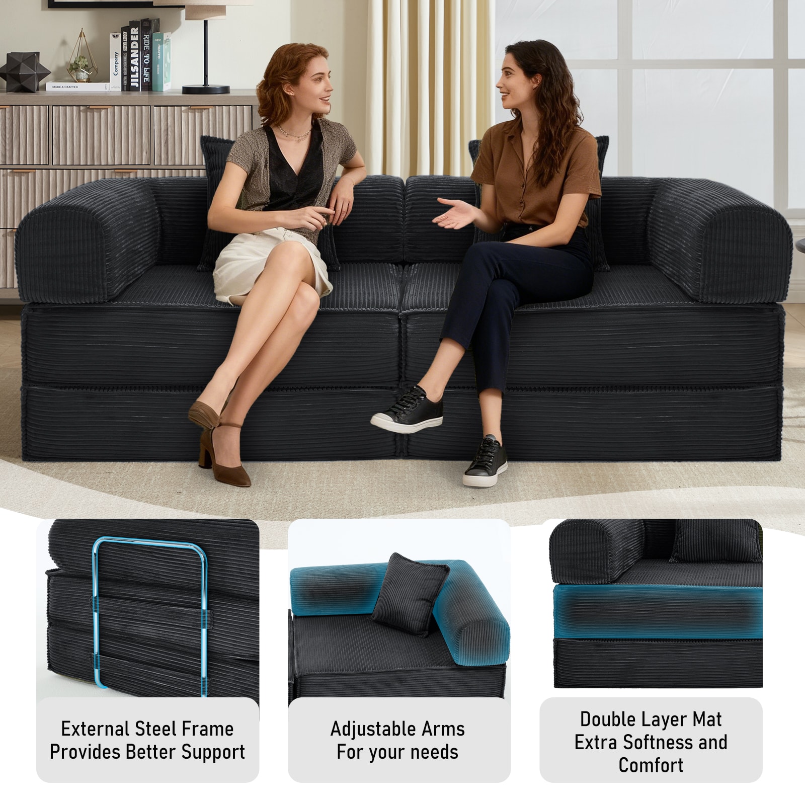 Convertible Sleeper Sofa Bed Modular Corduroy Couch With Pillows_voghion.com